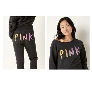 PINK Victoria's Secret Off-the-Shoulder Sweater Set Grey with Pink Logo